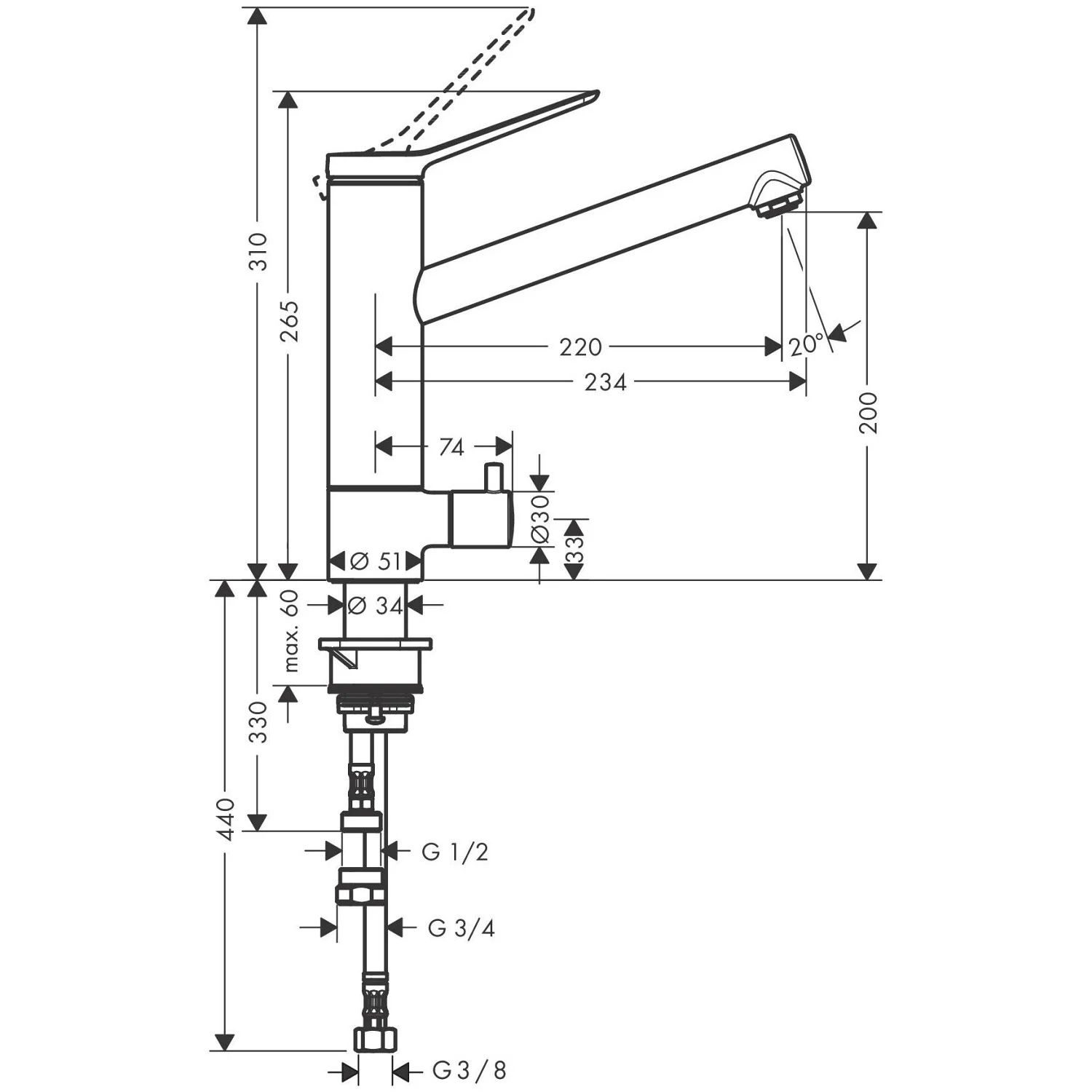 Rysunek techniczny baterii kuchennej z wymiarami, hansgrohe