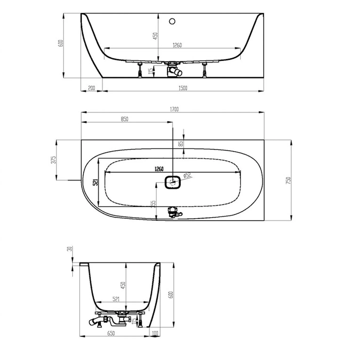 Hoesch iSENSI MONOLITH Eckbadewanne 170 x 75 cm, rechte Ausführung, mit Überlaufbefüllung weiß Bild 5