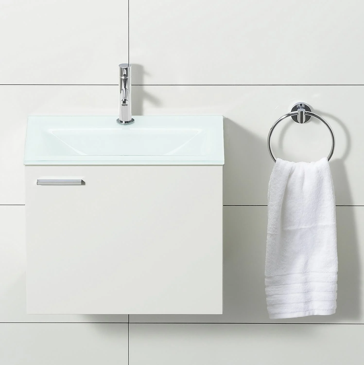 progettobagno Enea 50 Gästewaschtischkombination mit Glaswaschtisch 50 cm, Türanschlag rechts