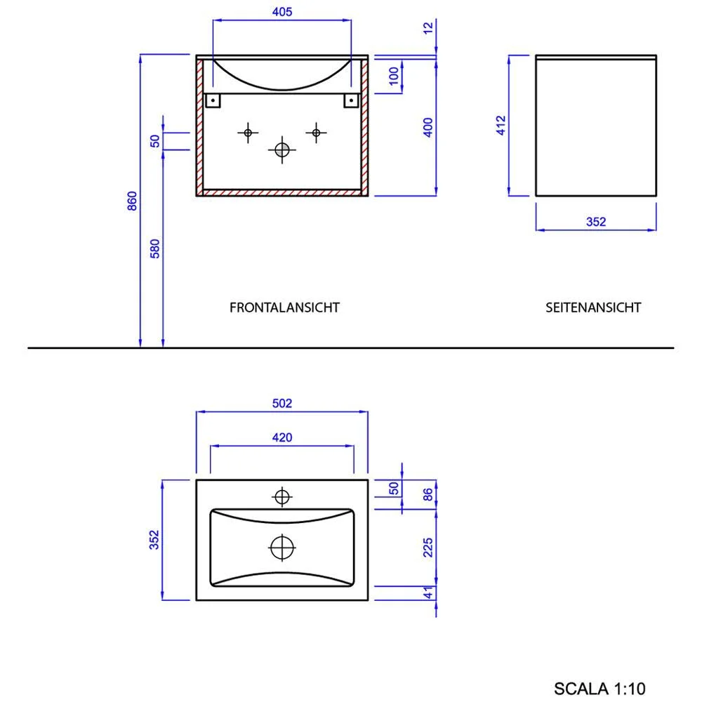progettobagno Enea 50 Gästewaschtischkombination mit Glaswaschtisch 50 cm, Türanschlag rechts Bild 2