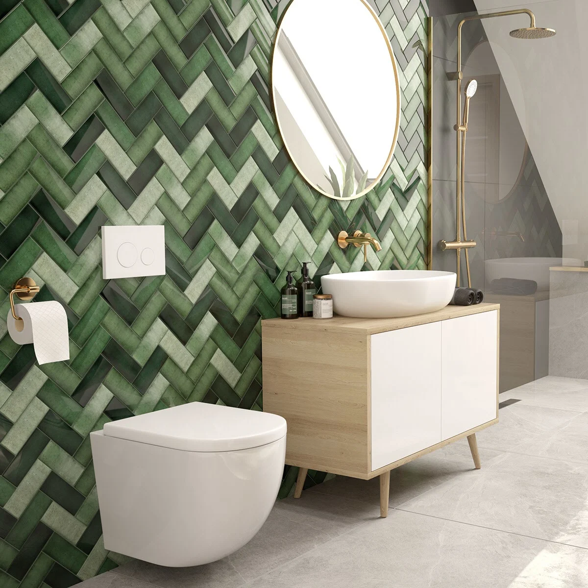 Łazienka z zieloną ścianą z płytek i prysznicem, Oltens