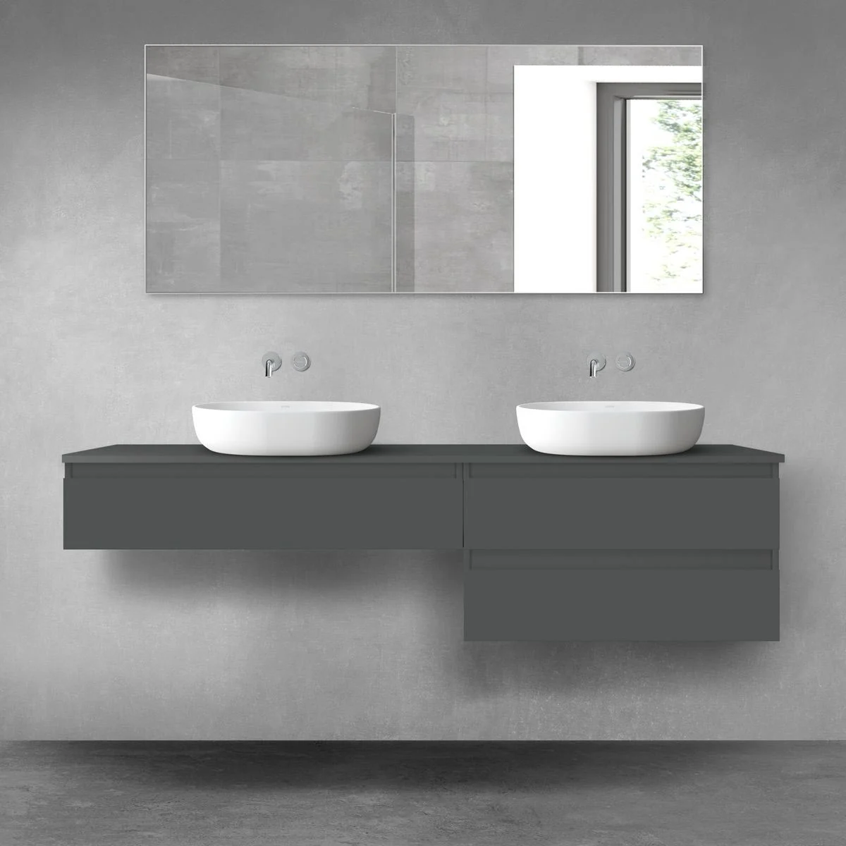 Ciemna podwójna umywalka z lustrem w łazience, Oltens