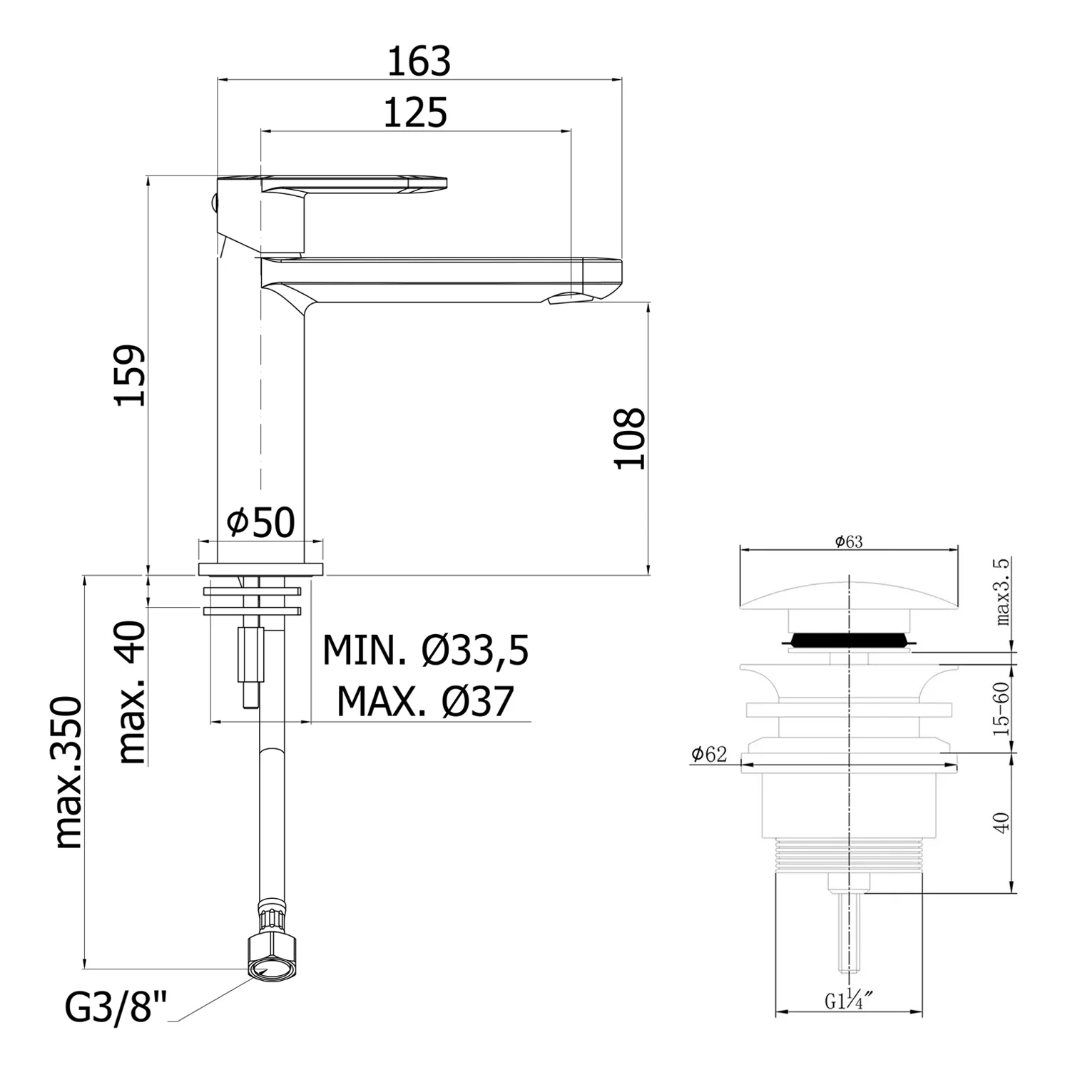 pianura Aora Waschtisch-Einhebelmischer, wassersparend inkl. Pop Up Ablaufventil Bild 5