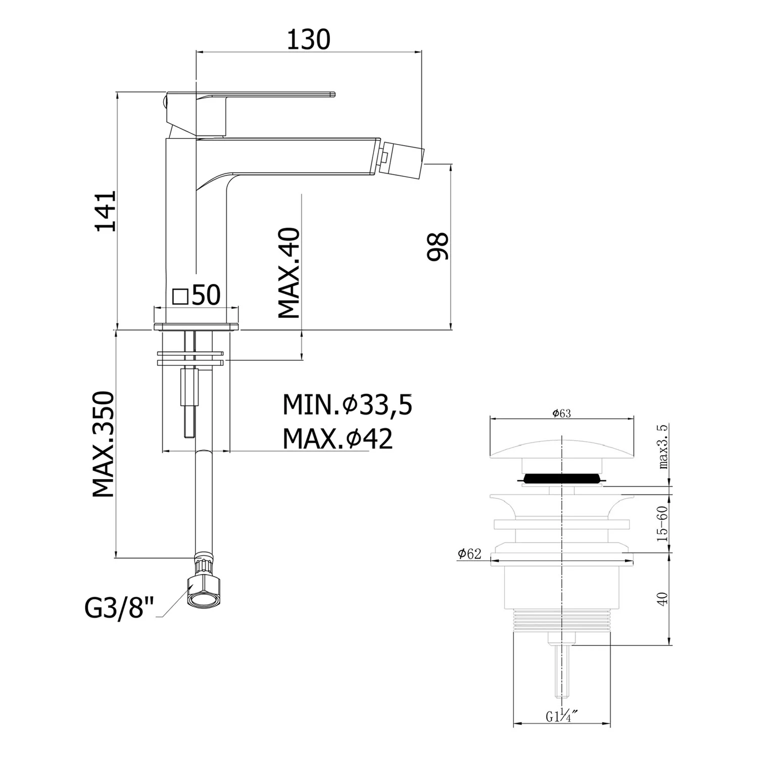 pianura Giulia Bidet-Einhebelmischer, wassersparend inkl. Pop Up Ablaufventil Bild 2