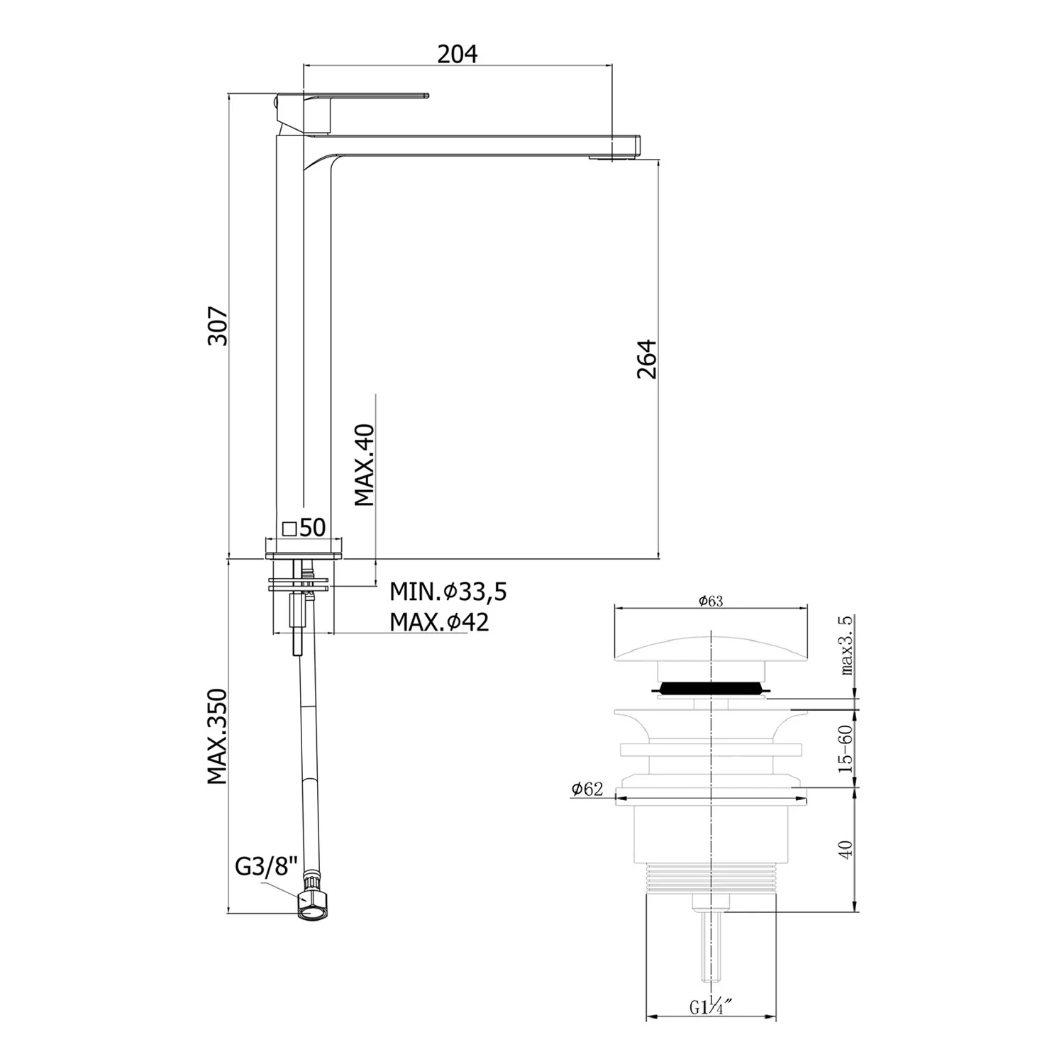 pianura Giulia Waschtisch-Einhebelmischer, wassersparend XXL inkl. Pop Up Ablaufventil Bild 2