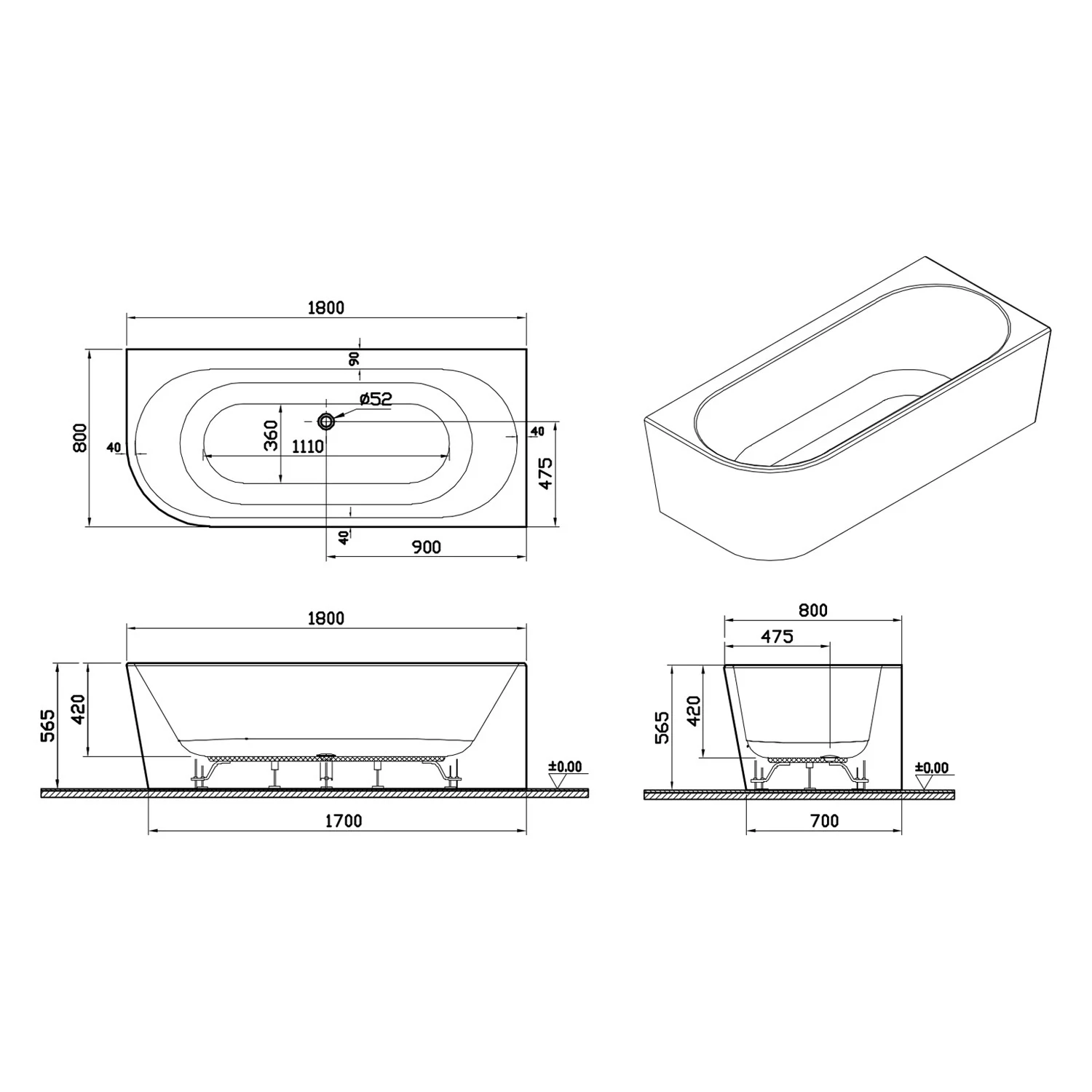 pianura Valentina Eckbadewanne 180 x 80 cm Ecke rechts Bild 5
