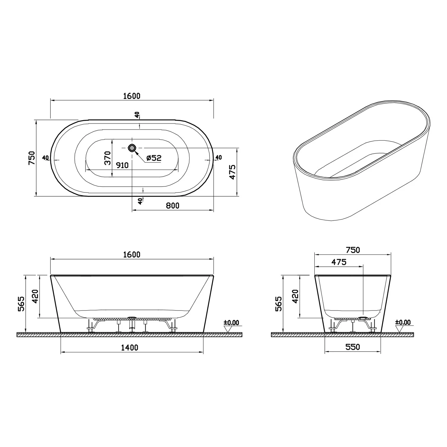 pianura Valentina Badewanne oval freistehend 160 x 75 cm mit Schürze und verdecktem Überlauf Bild 5
