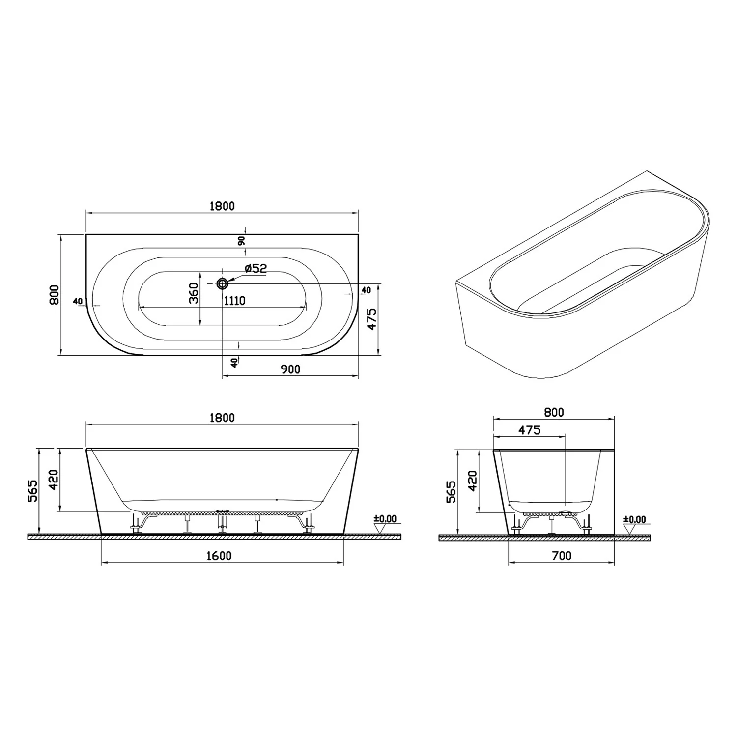 pianura Valentina Vorwand-Badewanne 180 x 80 cm Bild 5