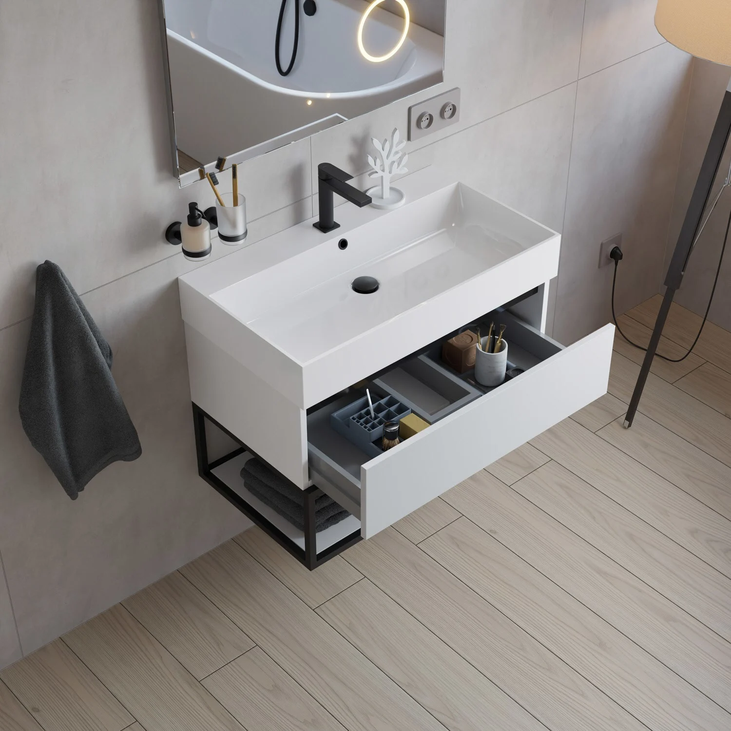 pianura Giulia Badmöbel Set 61 cm mit LED-Lichtspiegel, mit 1 Hahnloch Bild 3