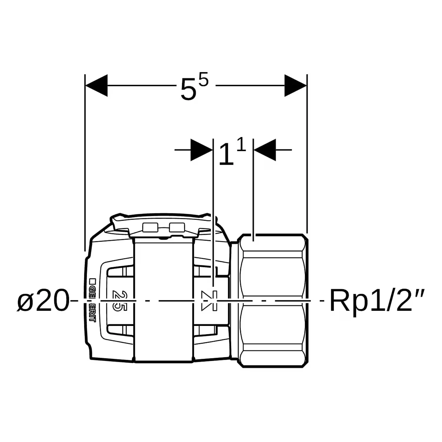 Przejściówka Geberit FlowFit z gwintem wewnętrznym: materiał = bezołowiowy brąz krzemowy, d = 20 mm, Rp = 1/2″ Zdjęcie 2