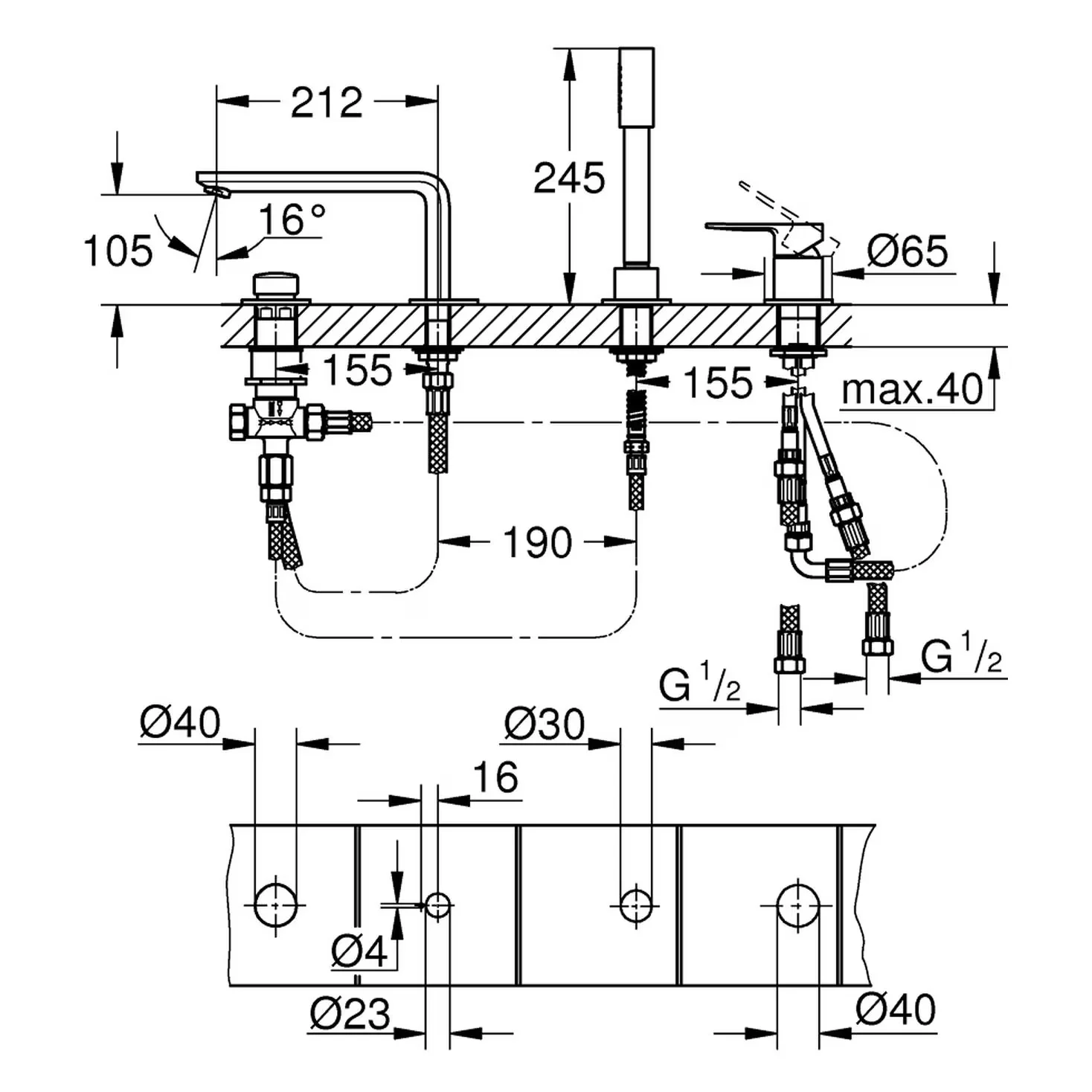 Grohe Lineare New – 4-otworowy zestaw baterii wannowej z uchwytem jednoręcznym Zdjęcie 3