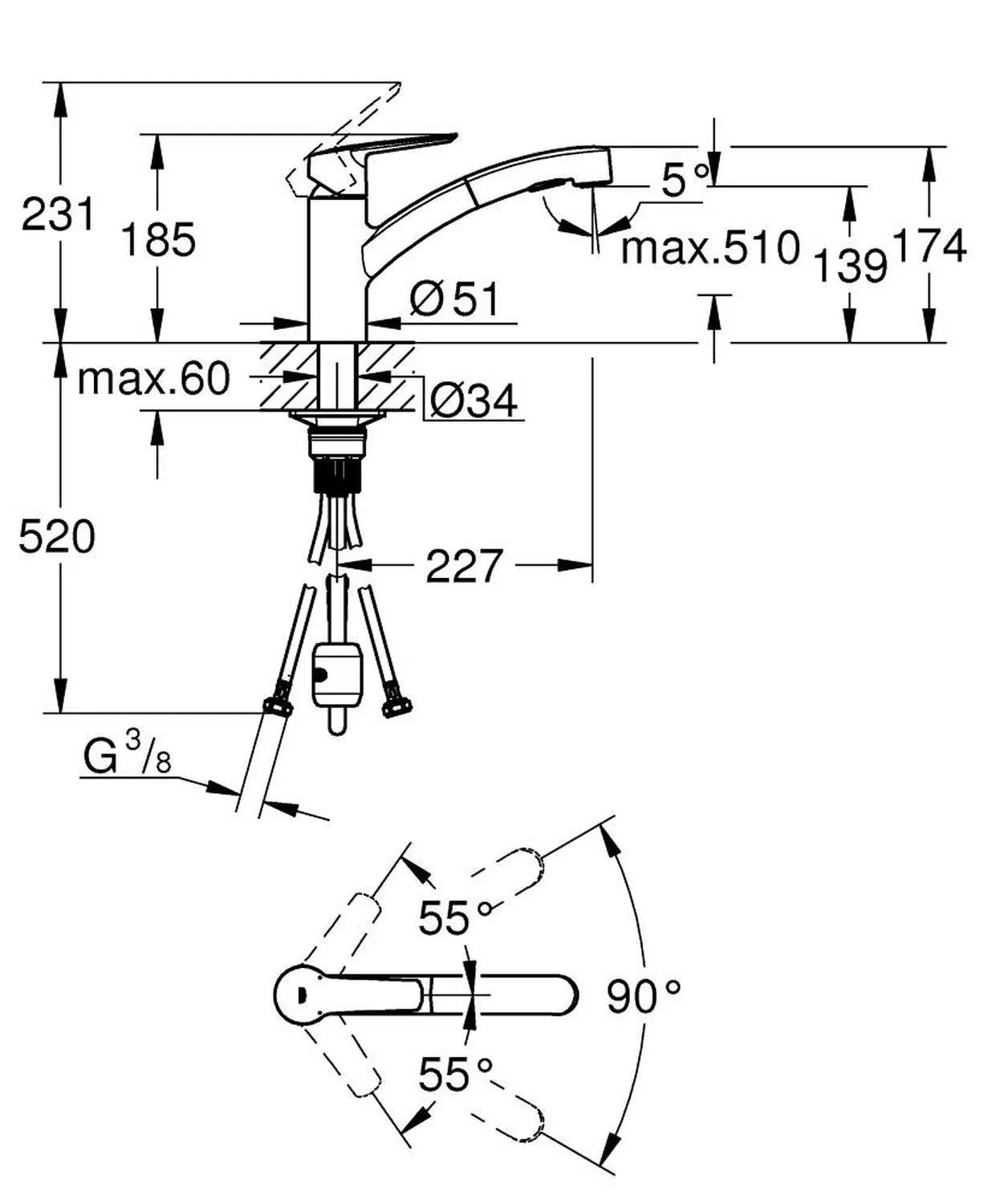 Rysunek wymiarowy kranu z wymiarami, GROHE