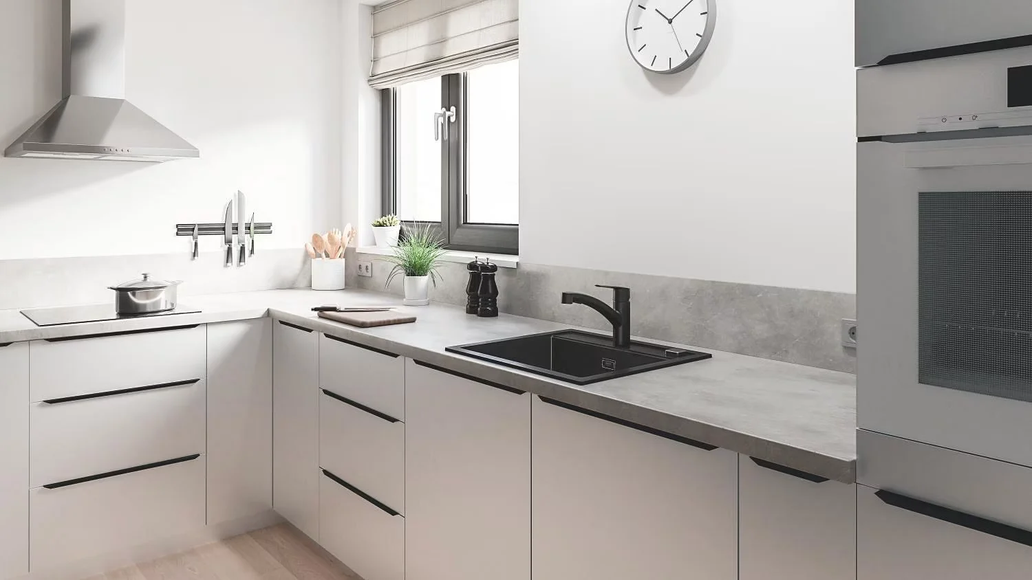 Nowoczesna kuchnia z czarnym zlewem i piekarnikiem, GROHE