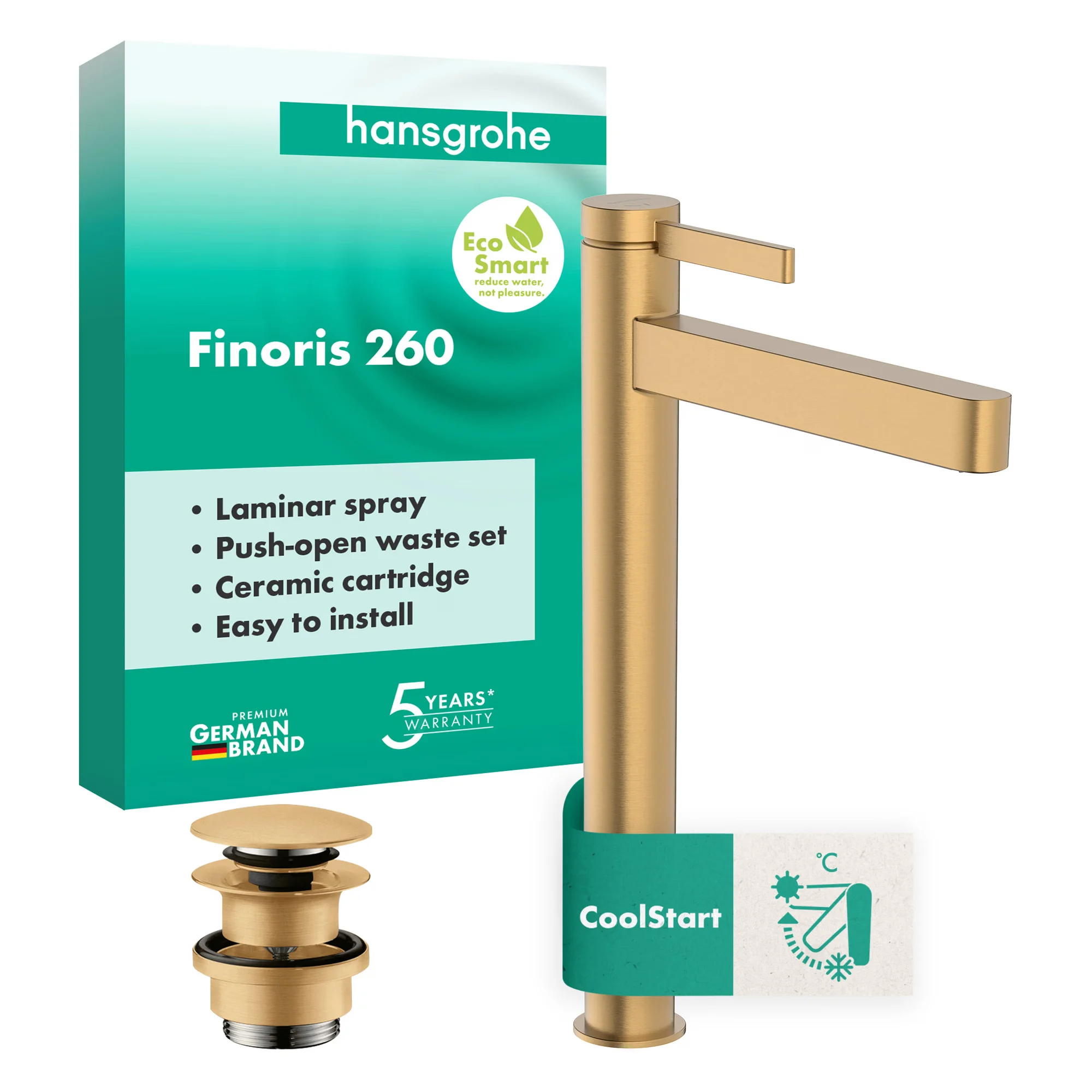 Złota bateria umywalkowa z opakowaniem i akcesoriami, hansgrohe