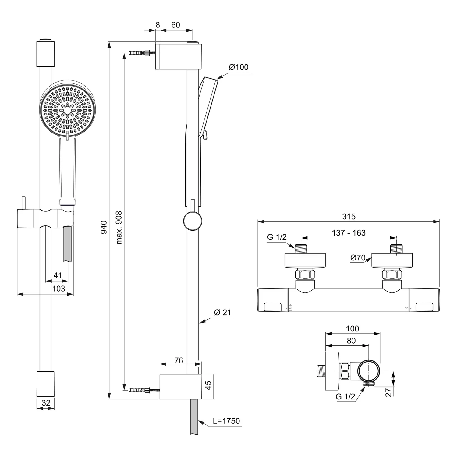 Rysunek techniczny armatury prysznicowej z wymiarami, Ideal Standard