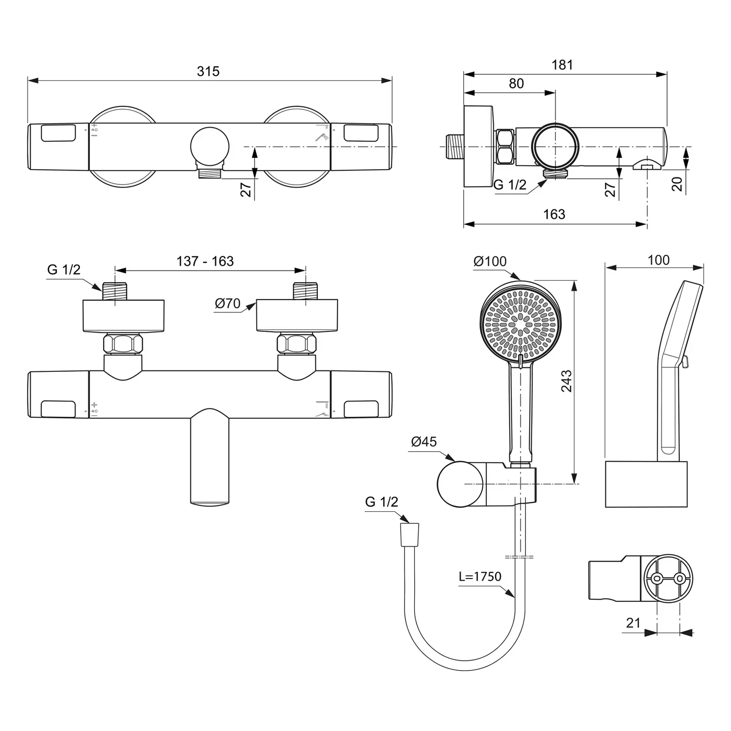 Rysunek techniczny baterii prysznicowej, Ideal Standard