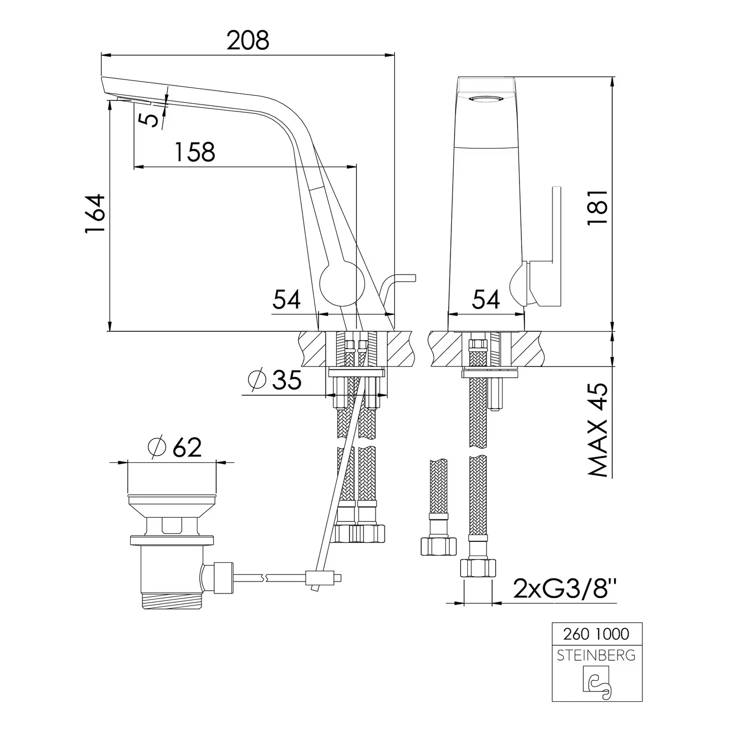 Steinberg Serie 260 Waschtisch-Einhebelmischbatterie mit Ablaufgarnitur Bild 5
