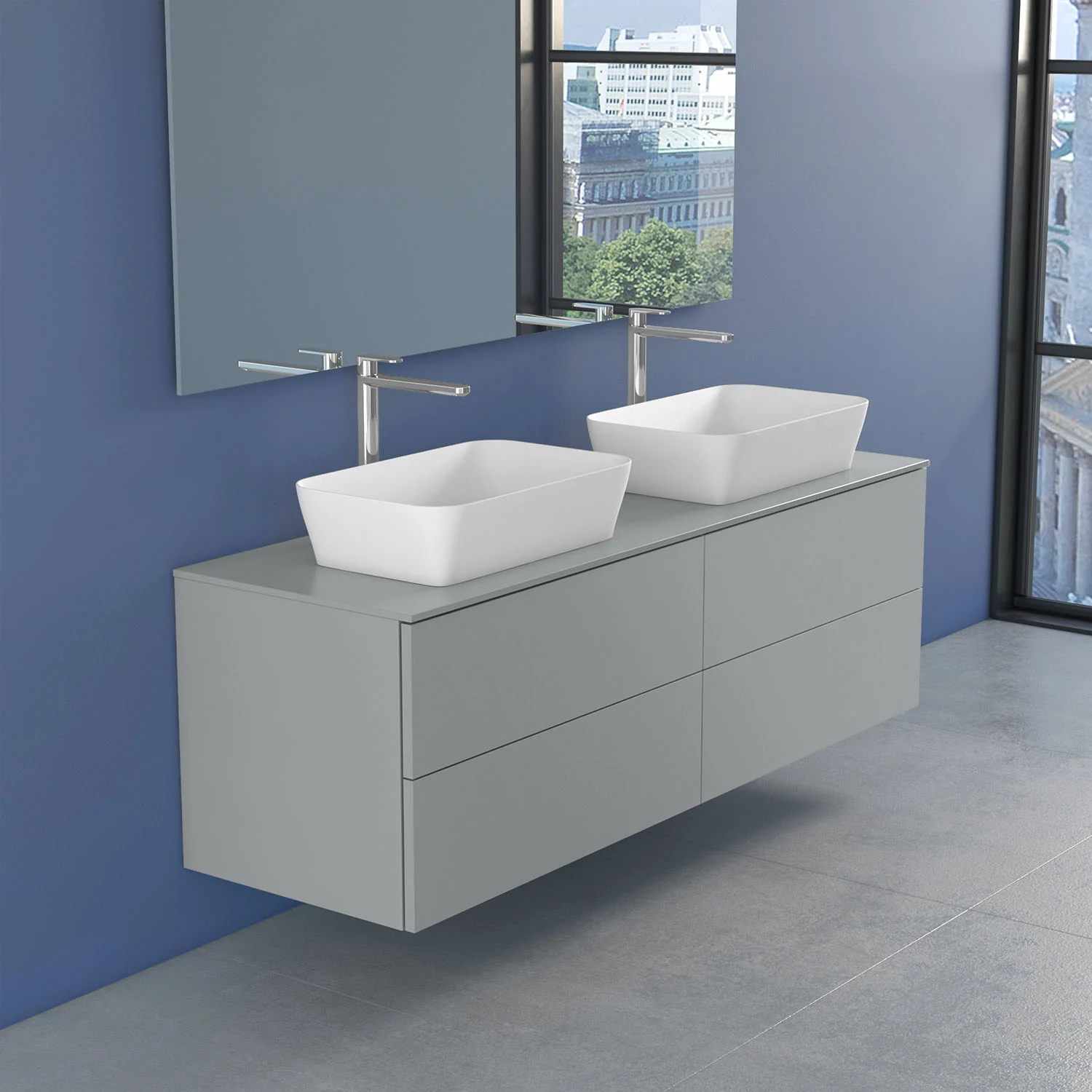 progettobagno Elba Doppel-Unterschrank 160 cm mit Glasplatte, Hahnlochbohrung und FLY 56 Aufsatzwaschtischen