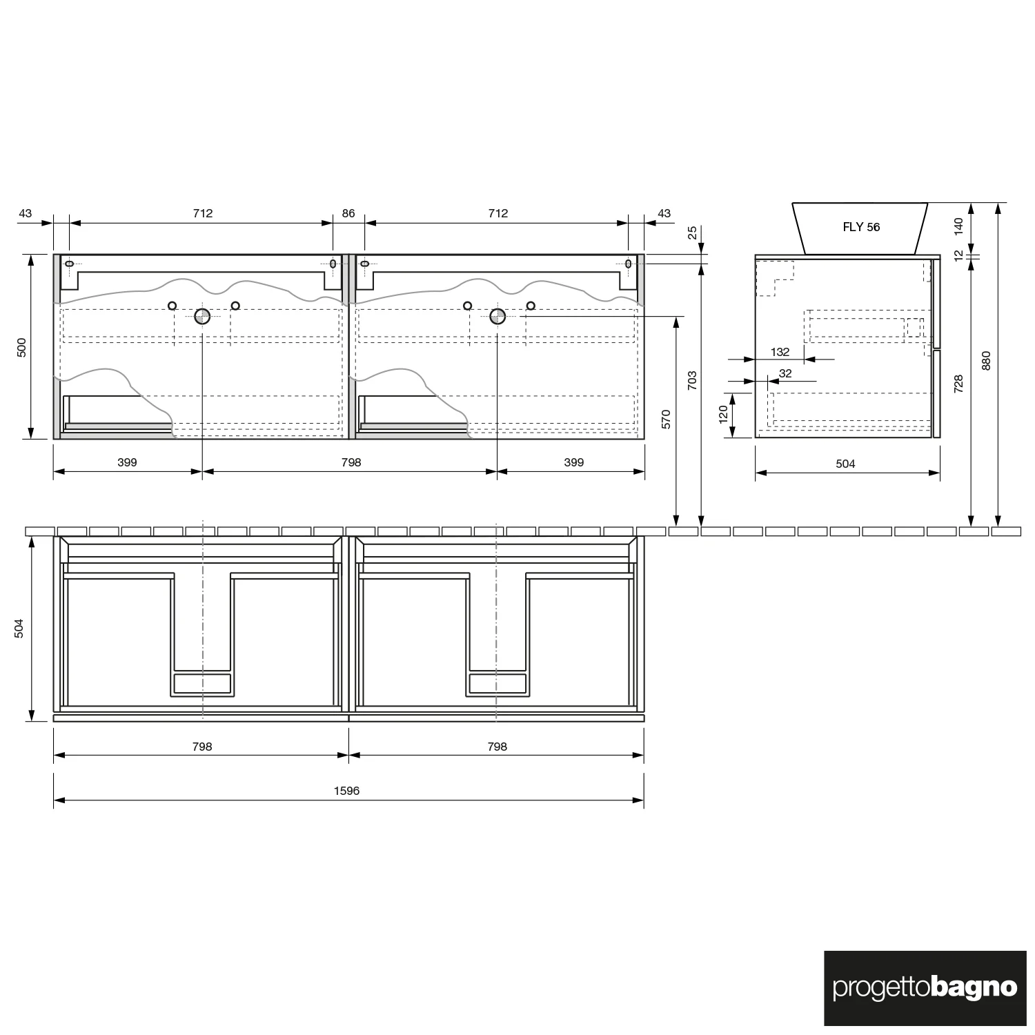 progettobagno Elba Doppel-Unterschrank 160 cm mit Glasplatte, Hahnlochbohrung und FLY 56 Aufsatzwaschtischen Bild 4