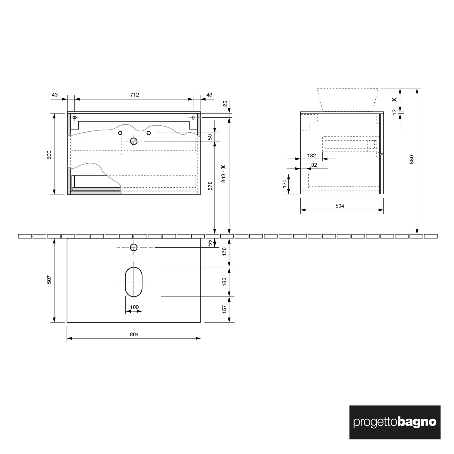 progettobagno Elba Modular Glass Waschtischkonsole 80 cm mit Hahnlochbohrung Bild 3
