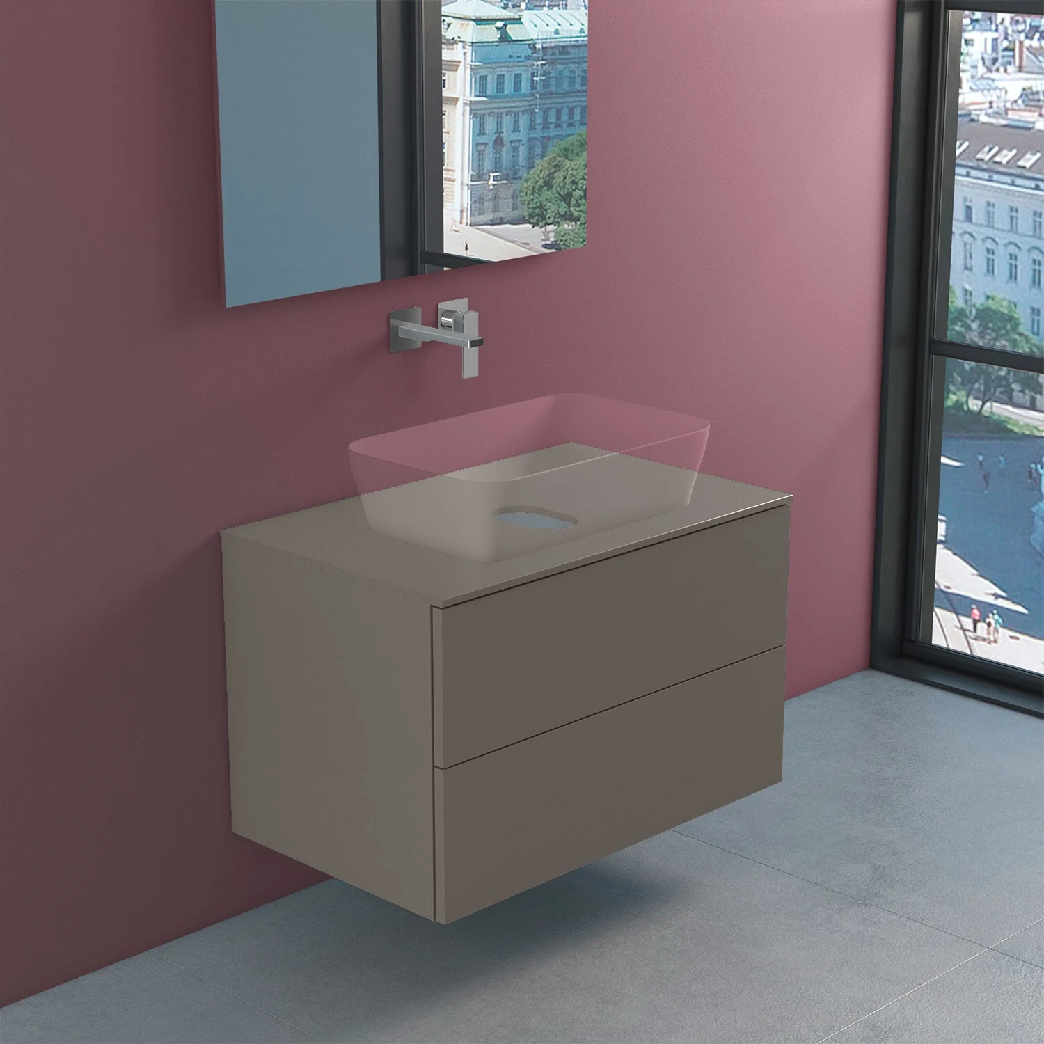 Beżowa umywalka na tle czerwonej ściany, Progettobagno