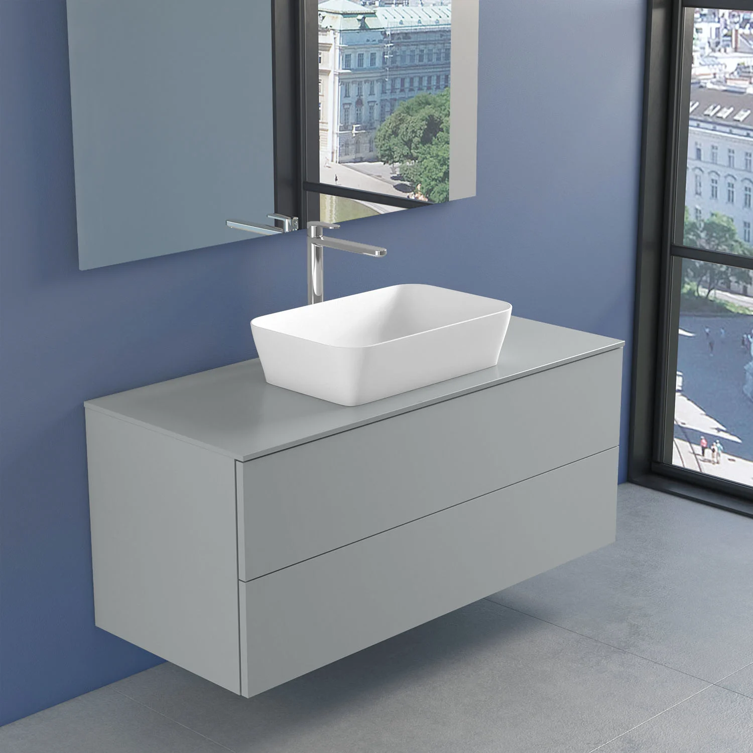 progettobagno Elba Unterschrank 120 cm mit Glasplatte, Hahnlochbohrung und FLY 56 Aufsatzwaschtisch