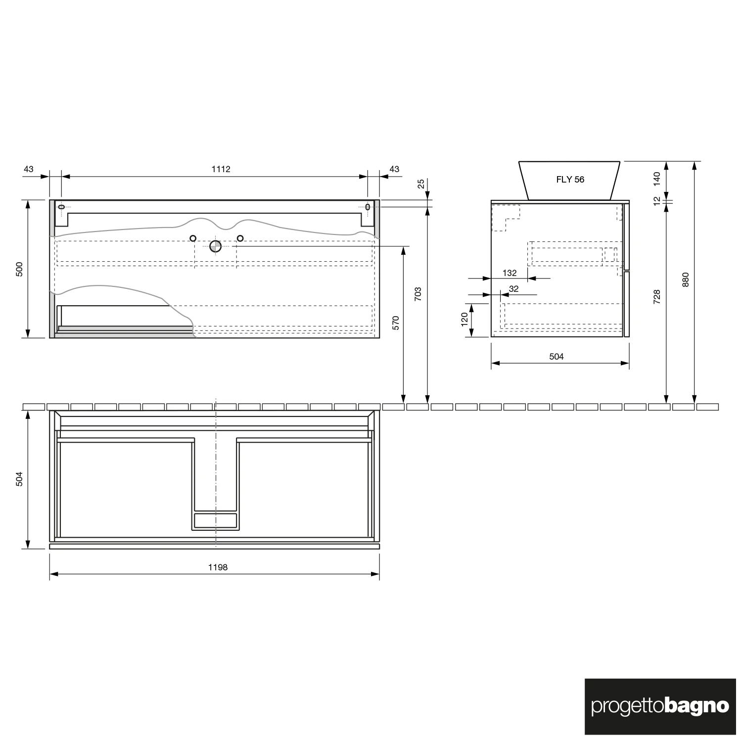 progettobagno Elba Unterschrank 120 cm mit Glasplatte, Hahnlochbohrung und FLY 56 Aufsatzwaschtisch Bild 4
