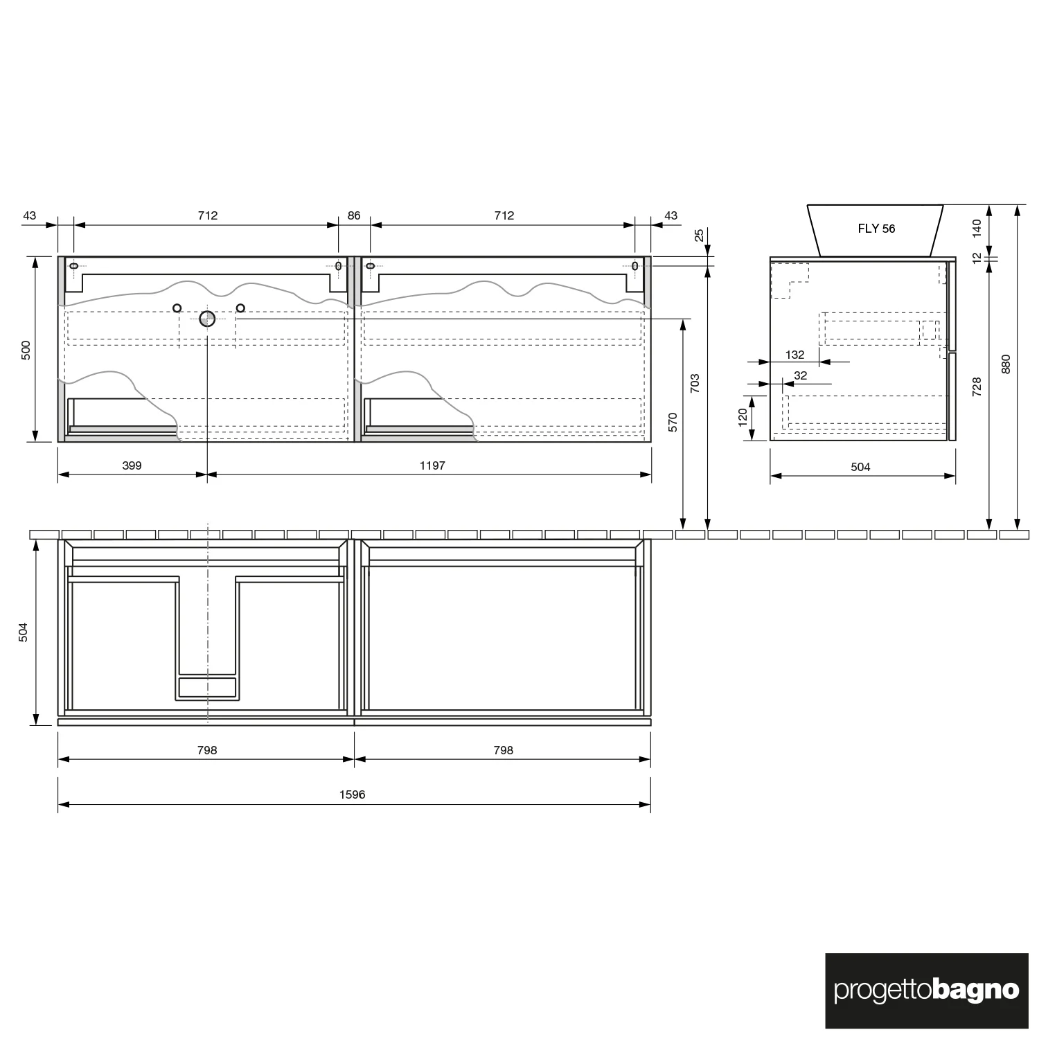 Rysunek techniczny szafki z wymiarami, Progettobagno