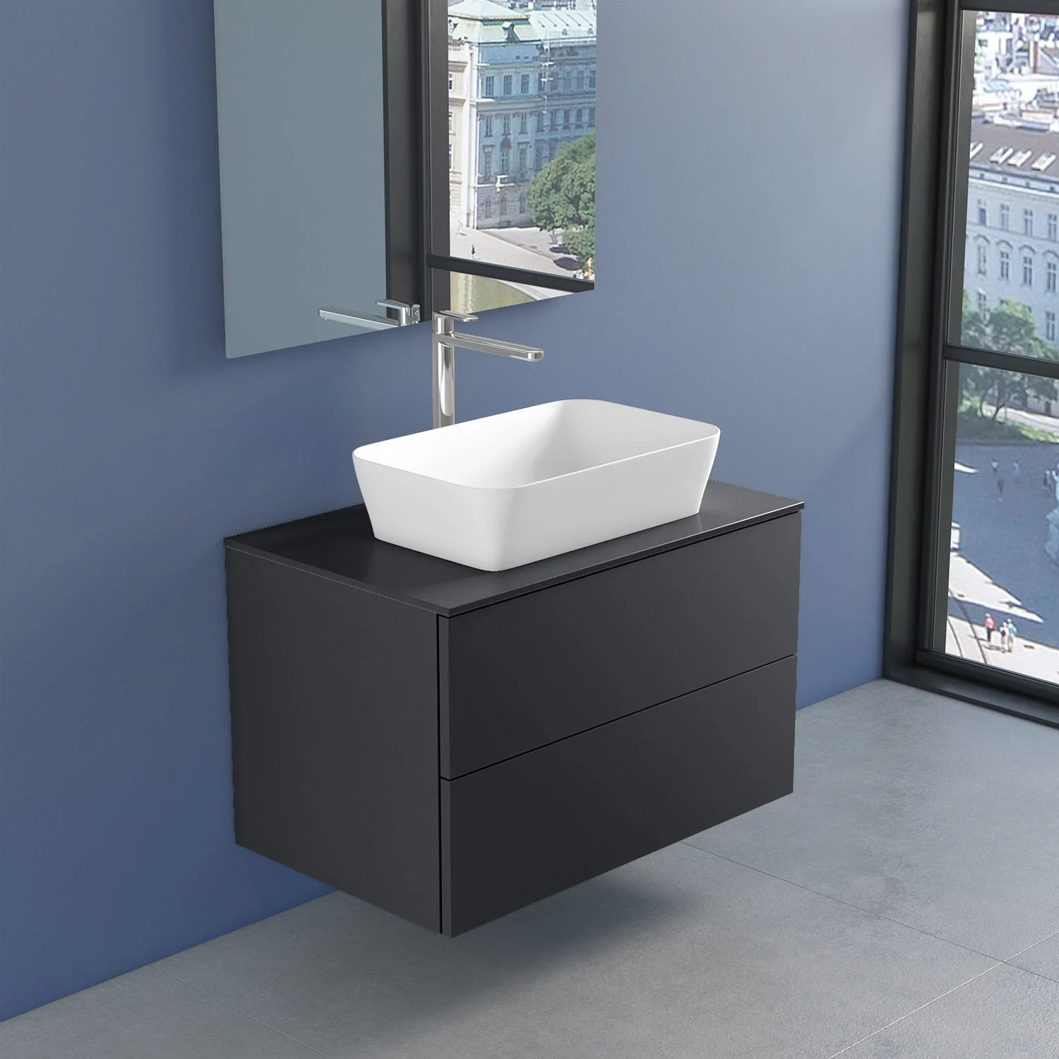 progettobagno Elba Unterschrank 80 cm mit Glasplatte, Hahnlochbohrung und FLY 56 Aufsatzwaschtisch