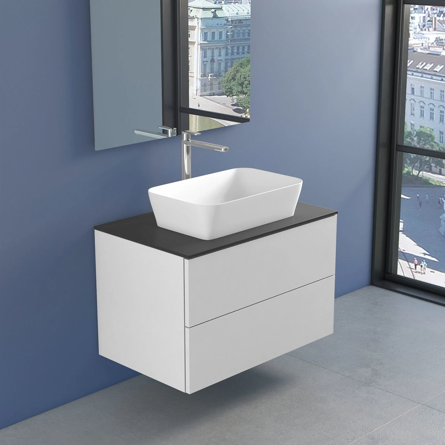 progettobagno Elba Unterschrank 80 cm mit Glasplatte ohne Hahnlochbohrung und FLY 56 Aufsatzwaschtisch