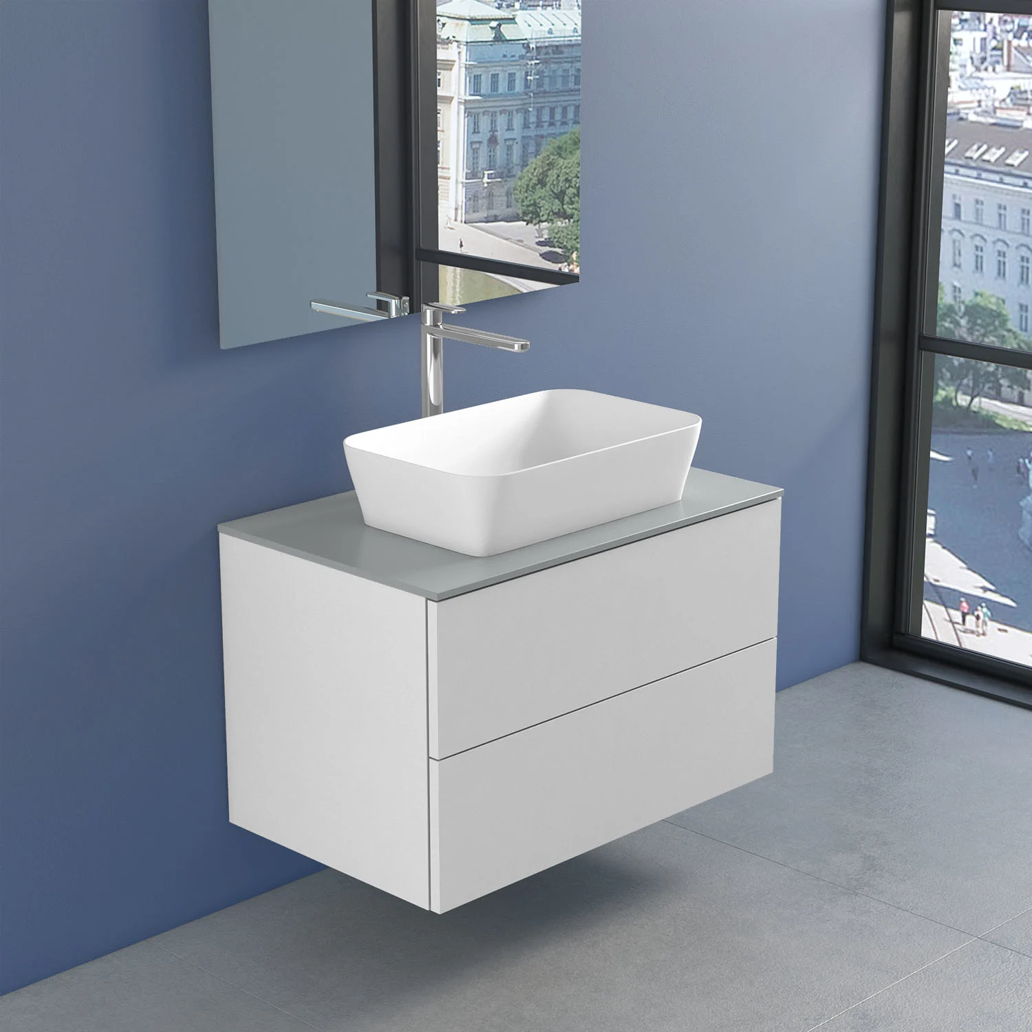 progettobagno Elba Unterschrank 80 cm mit Glasplatte ohne Hahnlochbohrung und FLY 56 Aufsatzwaschtisch