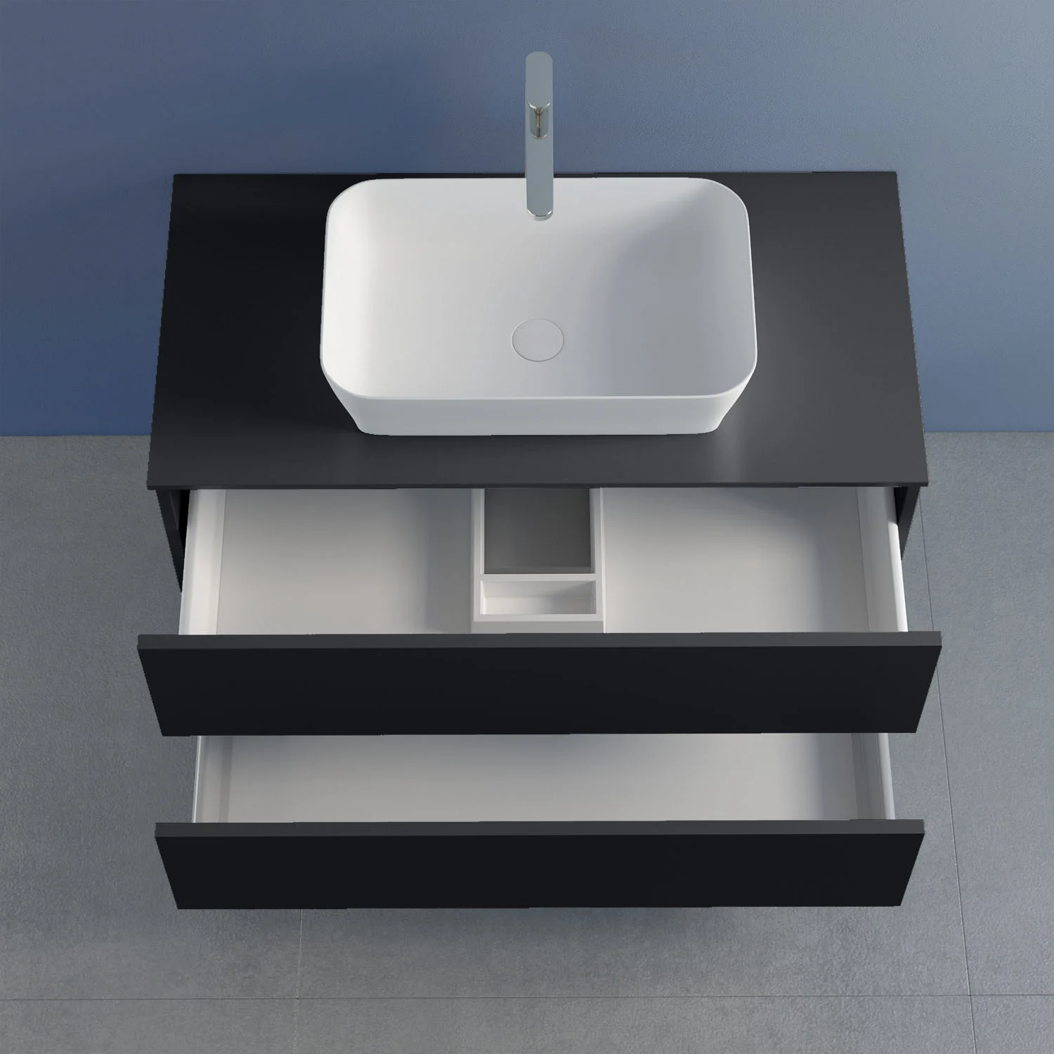 progettobagno Elba Unterschrank 80 cm mit Glasplatte ohne Hahnlochbohrung und FLY 56 Aufsatzwaschtisch Bild 2