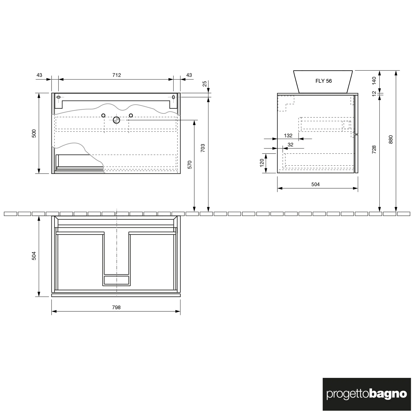 progettobagno Elba Unterschrank 80 cm mit Glasplatte ohne Hahnlochbohrung und FLY 56 Aufsatzwaschtisch Bild 5