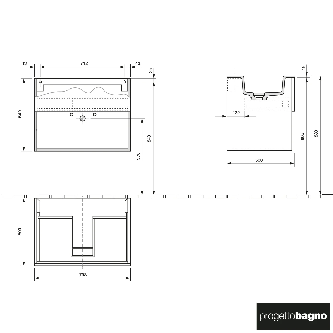 Rysunek techniczny umywalki z wymiarami, Progettobagno