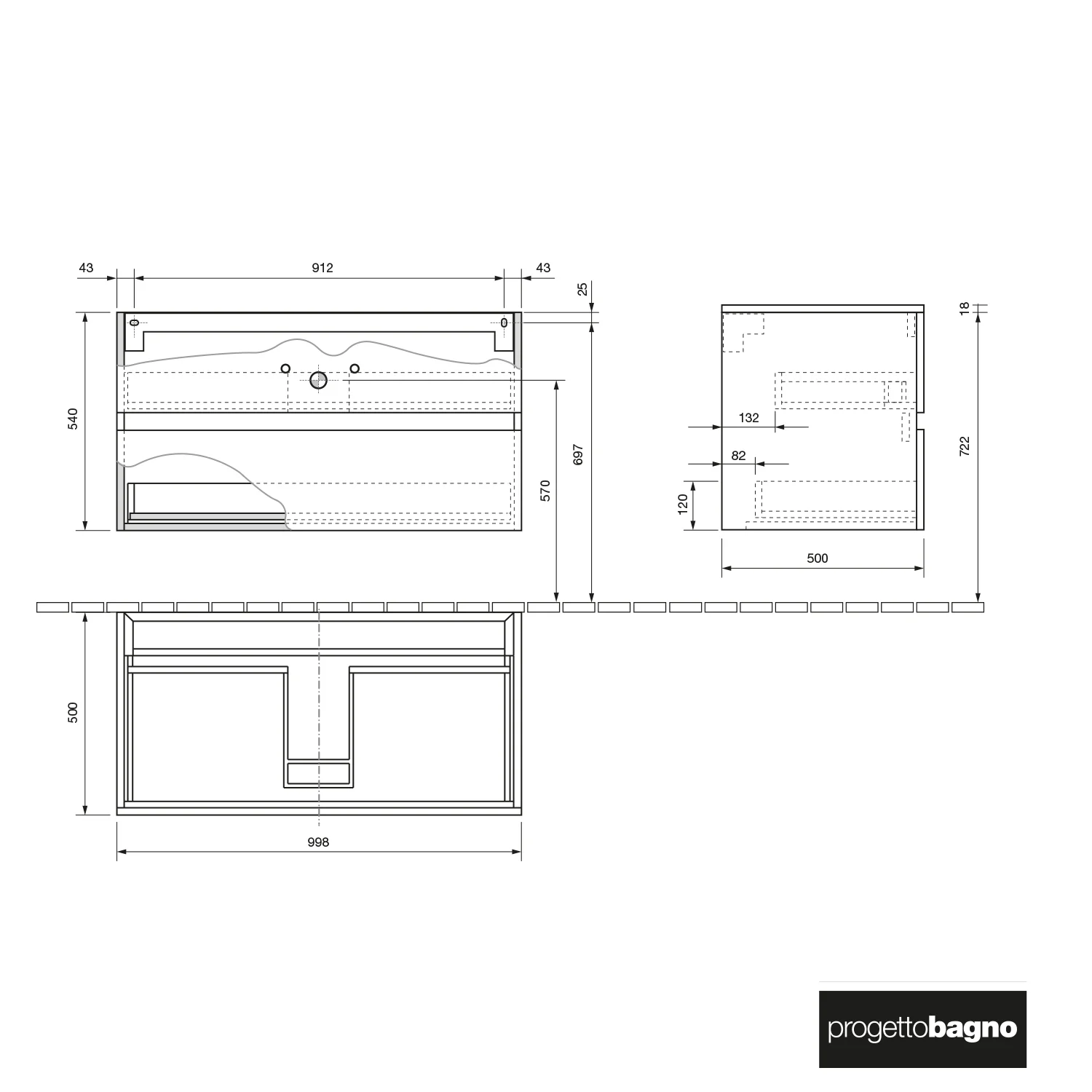 Rysunek techniczny umywalki z wymiarami, Progettobagno