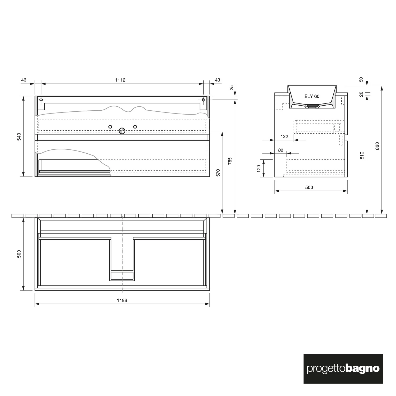 Rysunek techniczny szafki z wymiarami, Progettobagno