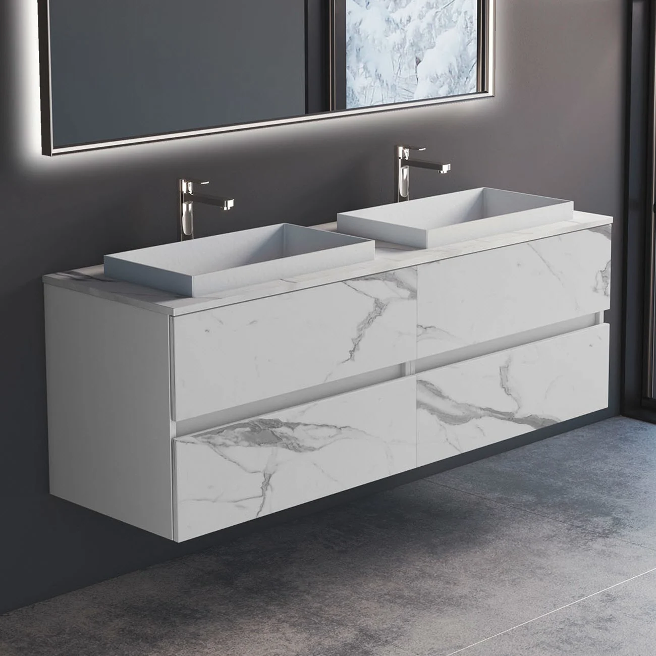 progettobagno Evo Marmi Unterschrank 160 cm mit Waschtischplatte, Hahnlochbohrung und ELY 60 Einbauwaschtisch