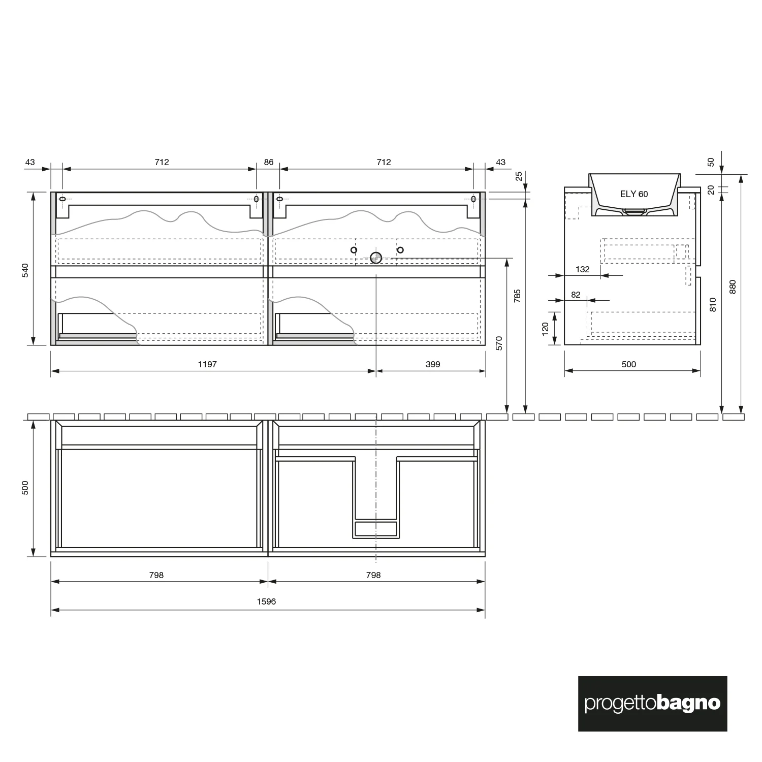 Rysunek techniczny szafki dolnej z wymiarami, Progettobagno
