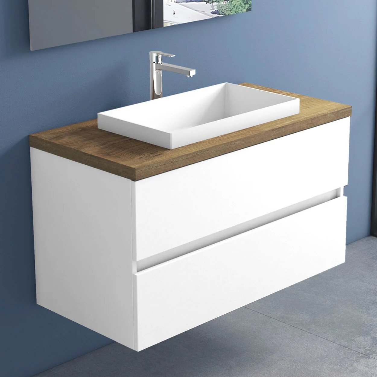 progettobagno Evo Terra Unterschrank 100 cm mit Platte in Holzdekor, Hahnlochbohrung und ELY 60 Einbauwaschtisch