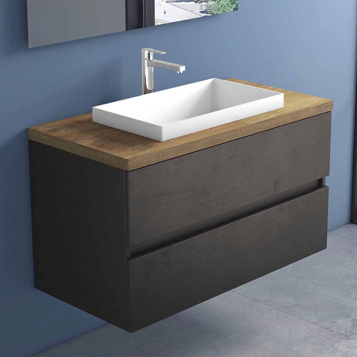 Czarna szafka z umywalką i kranem, Progettobagno