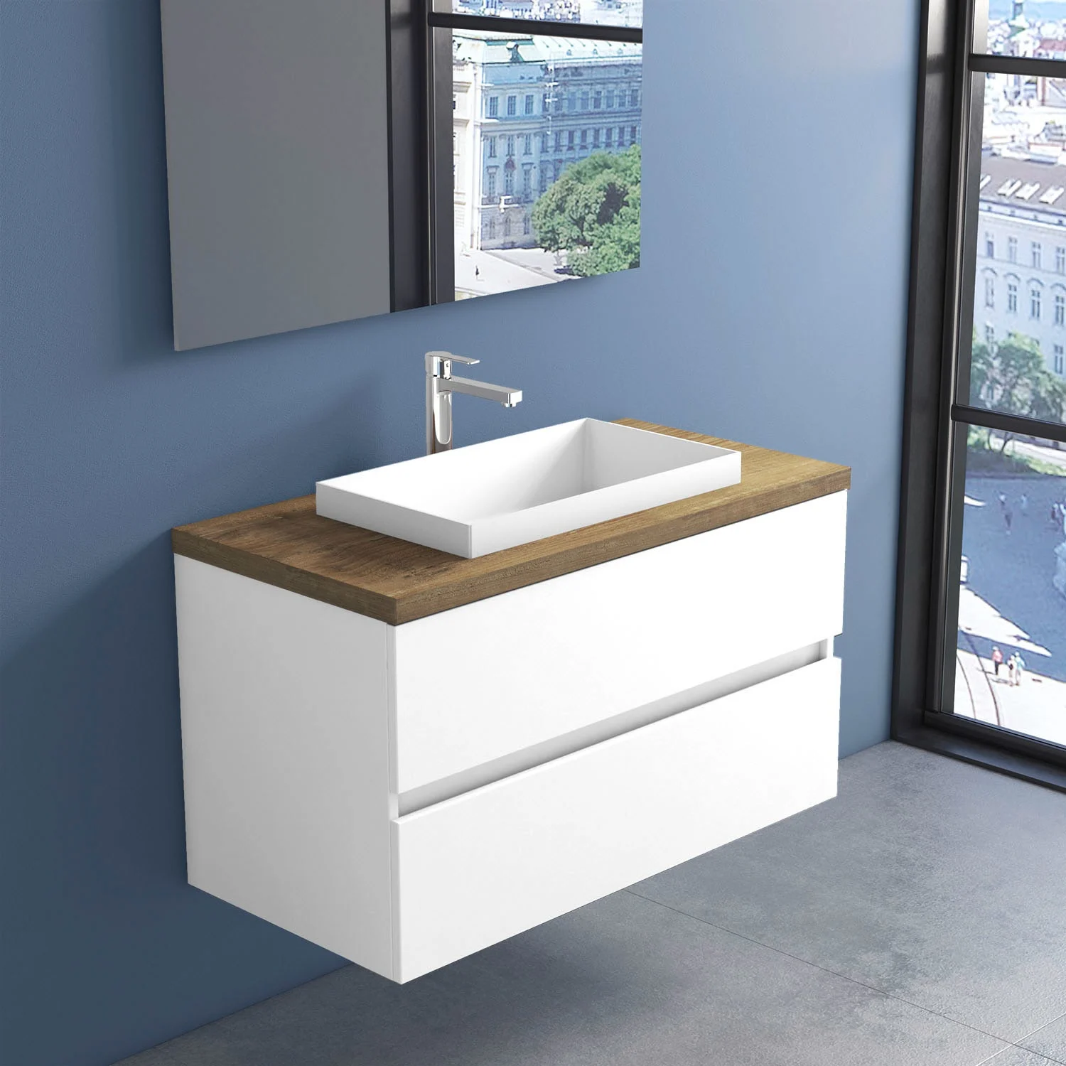 progettobagno Evo Terra Unterschrank 100 cm mit Platte in Holzdekor, Hahnlochbohrung und ELY 60 Einbauwaschtisch Bild 2