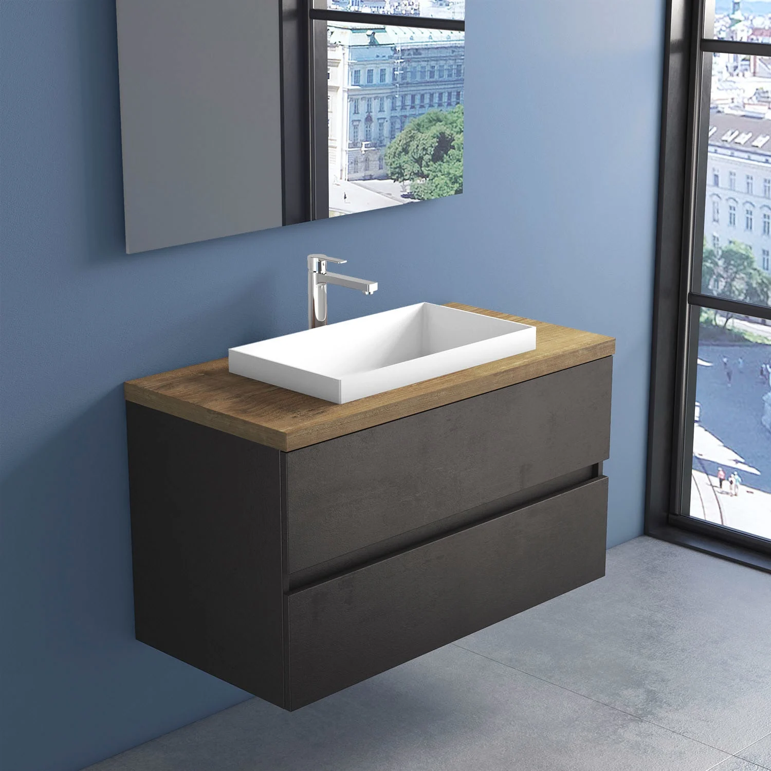 Czarna szafka z umywalką w łazience, Progettobagno