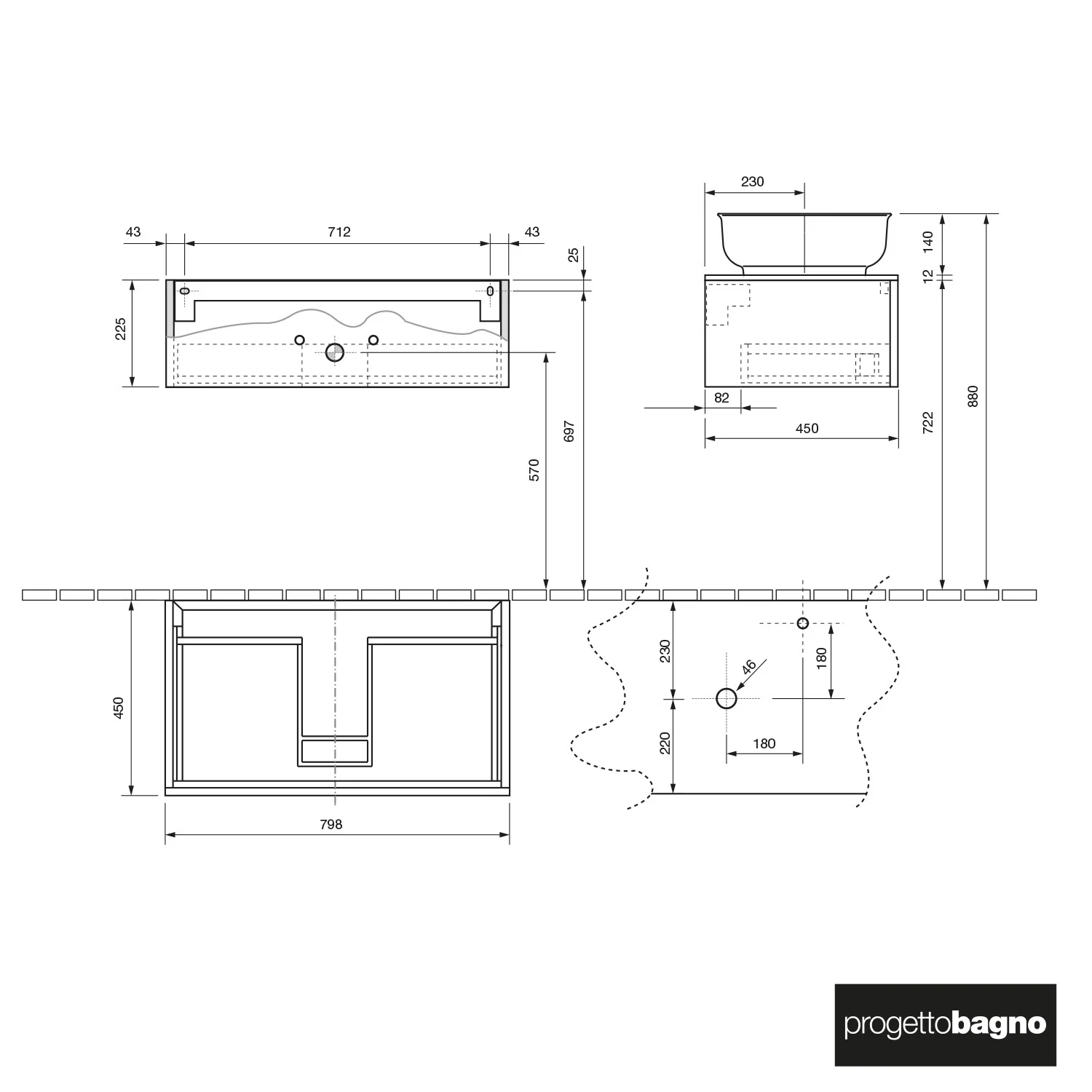 progettobagno Luna Waschtischkonsole 80 cm mit Auszug und Glasplatte Bild 5