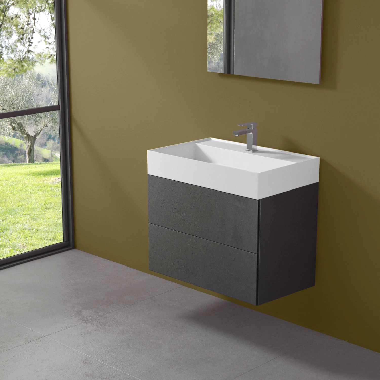 Umywalka z szafką przy brązowej ścianie, Progettobagno