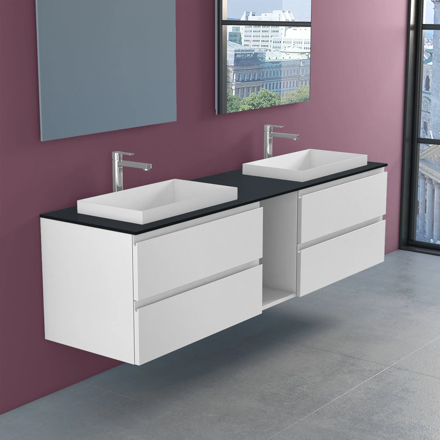 progettobagno Stresa Doppel-Unterschrank 190 cm mit Glasplatte, Hahnlochbohrung und ELY 60 Einbauwaschtischen