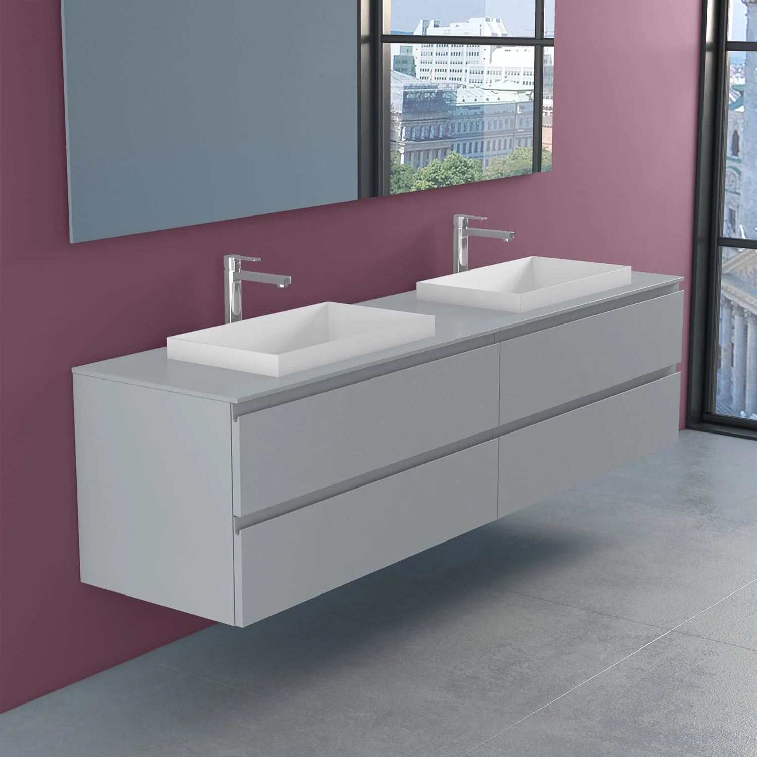 progettobagno Stresa Doppel-Unterschrank 200 cm mit Glasplatte, Hahnlochbohrung und ELY 60 Einbauwaschtischen