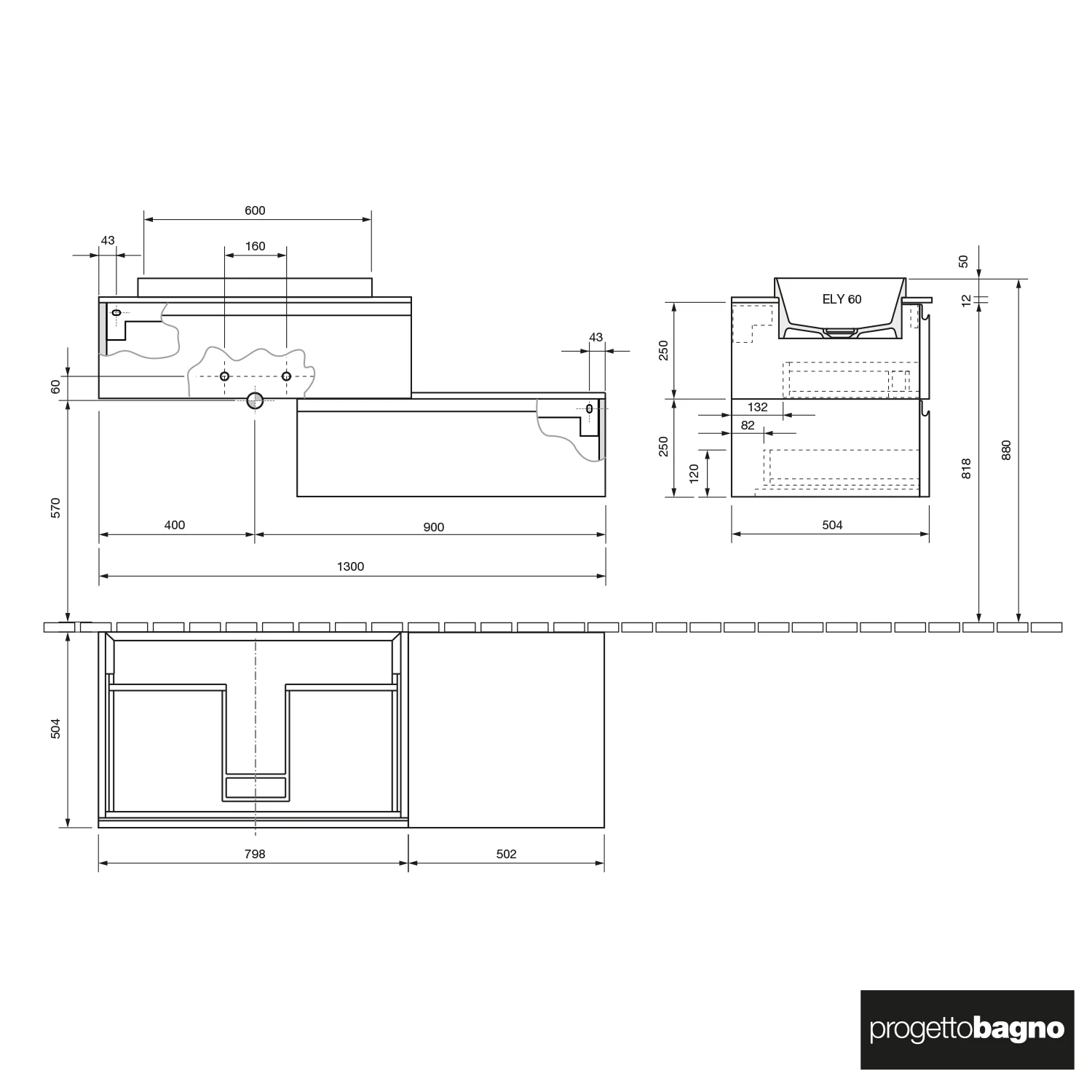 Rysunek techniczny umywalki z wymiarami, Progettobagno