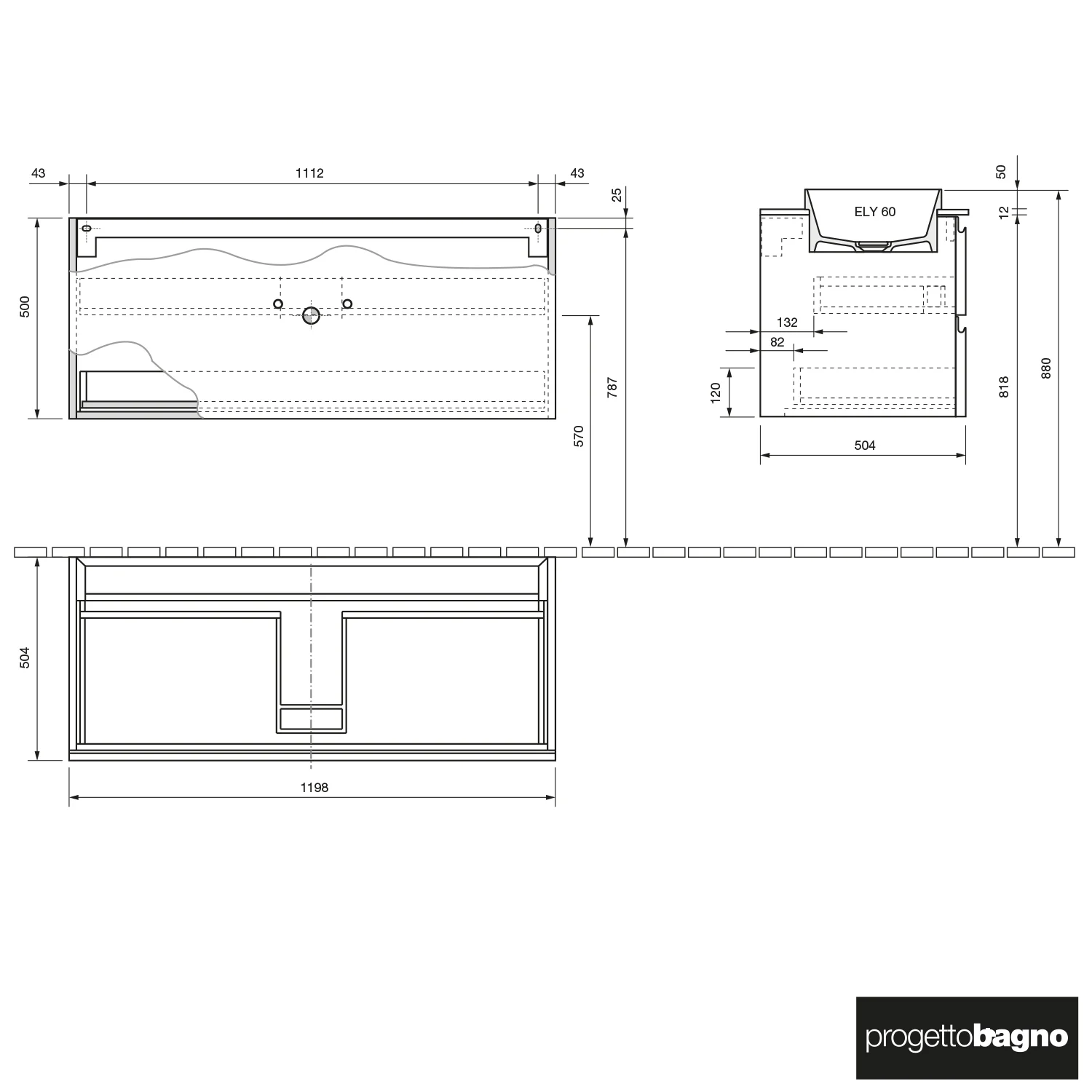progettobagno Stresa Unterschrank 120 cm mit Glasplatte ohne Hahnlochbohrung und ELY 60 Einbauwaschtisch Bild 3