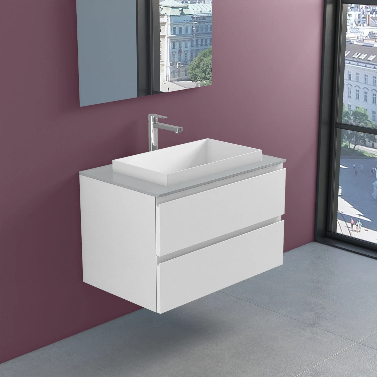 progettobagno Stresa Unterschrank 80 cm mit Glasplatte, Hahnlochbohrung und ELY 60 Einbauwaschtisch