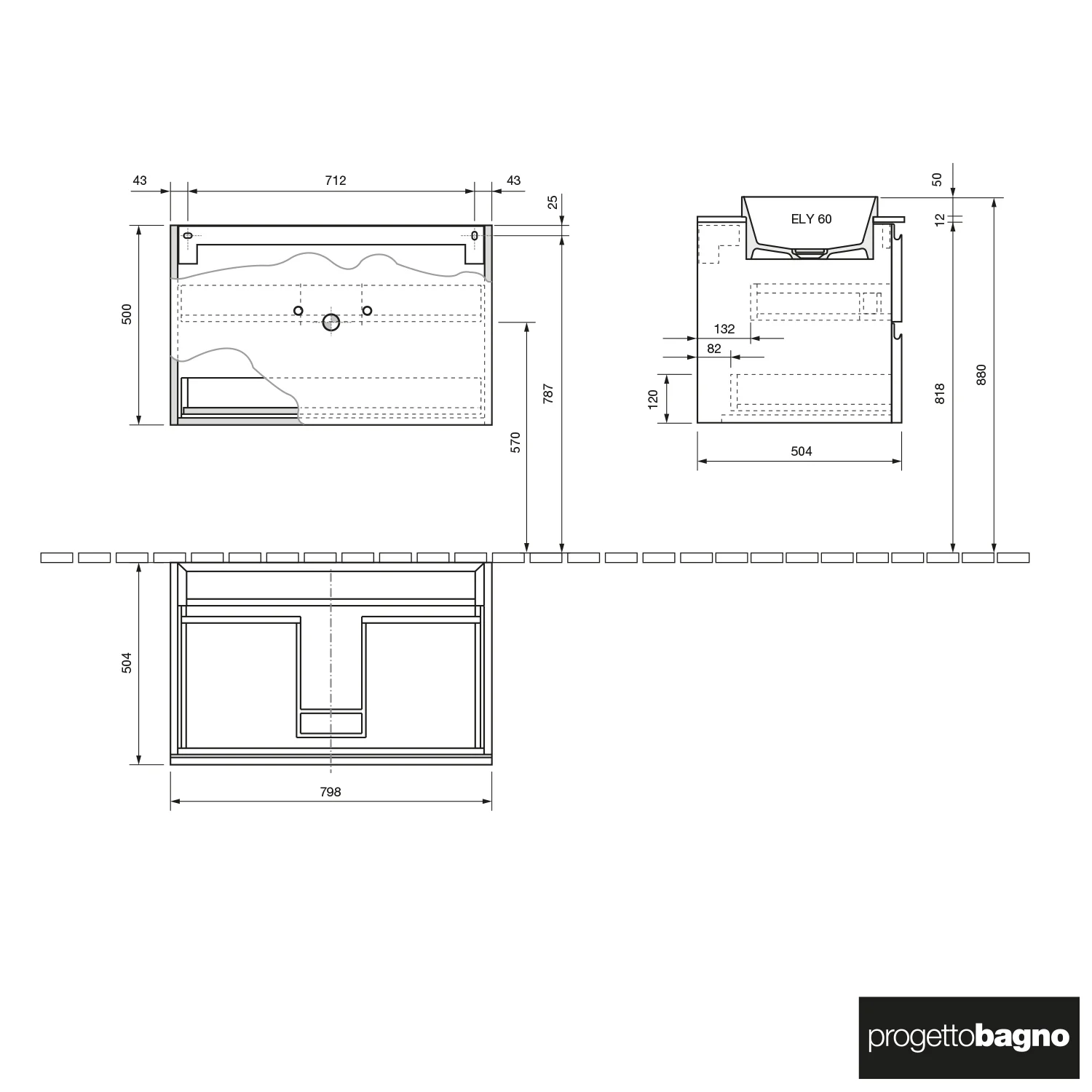 progettobagno Stresa Unterschrank 80 cm mit Glasplatte, Hahnlochbohrung und ELY 60 Einbauwaschtisch Bild 3